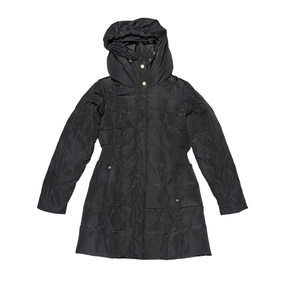 Cole Haan Puffer Coat Womens S Black Quilted Down Feather Hooded Mid-Length